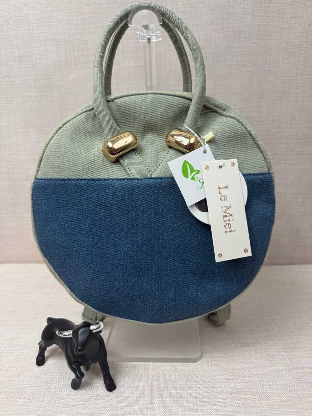 LA MIEL Two-Tone Round Mini Bag in Sage Green and Denim Blue